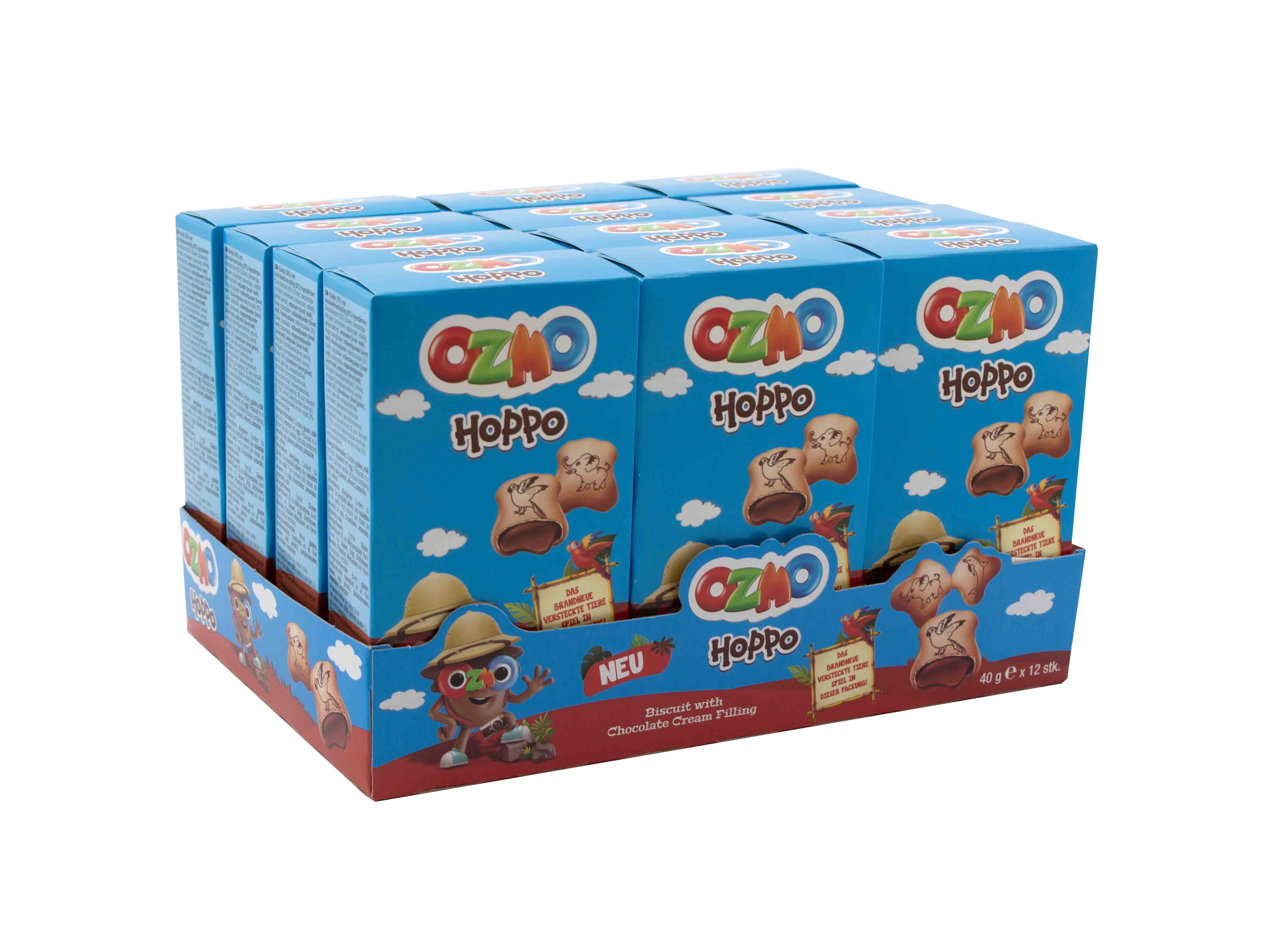 Ozmo Hoppo Chocolate - křupavá sušenka s čokoládovou náplní a zvířecím vzorem 40g