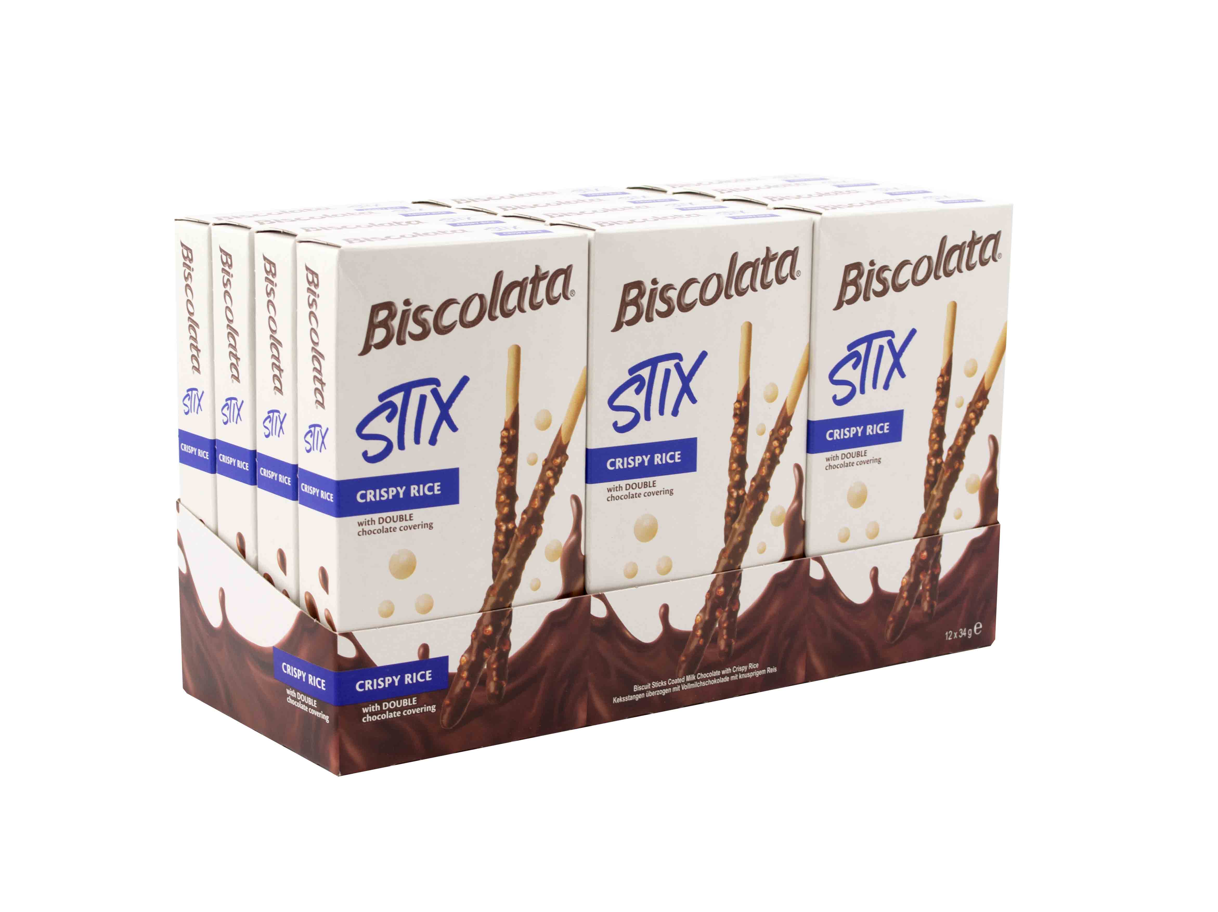 Biscolata Stix Crispy Rice - tyčinky máčené v mléčné čokoládě s křupavými rýžovými cereáliemi 34g